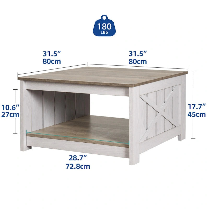Table basse de style campagne avec rangement pour le salon, table centrale carrée