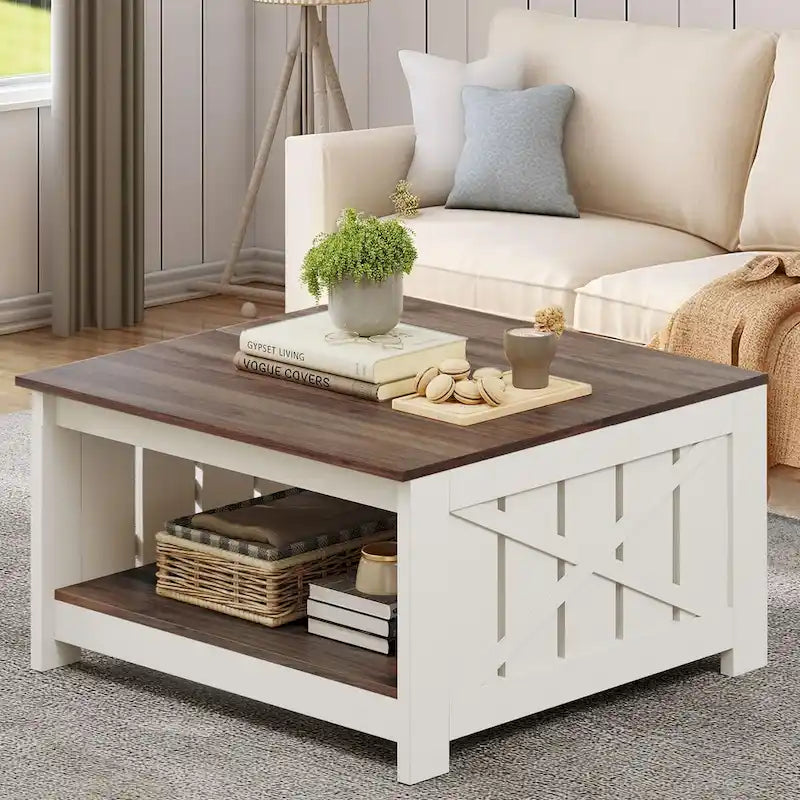 Table basse de style campagne avec rangement pour le salon, table centrale carrée