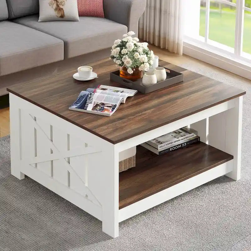 Table basse de style campagne avec rangement pour le salon, table centrale carrée