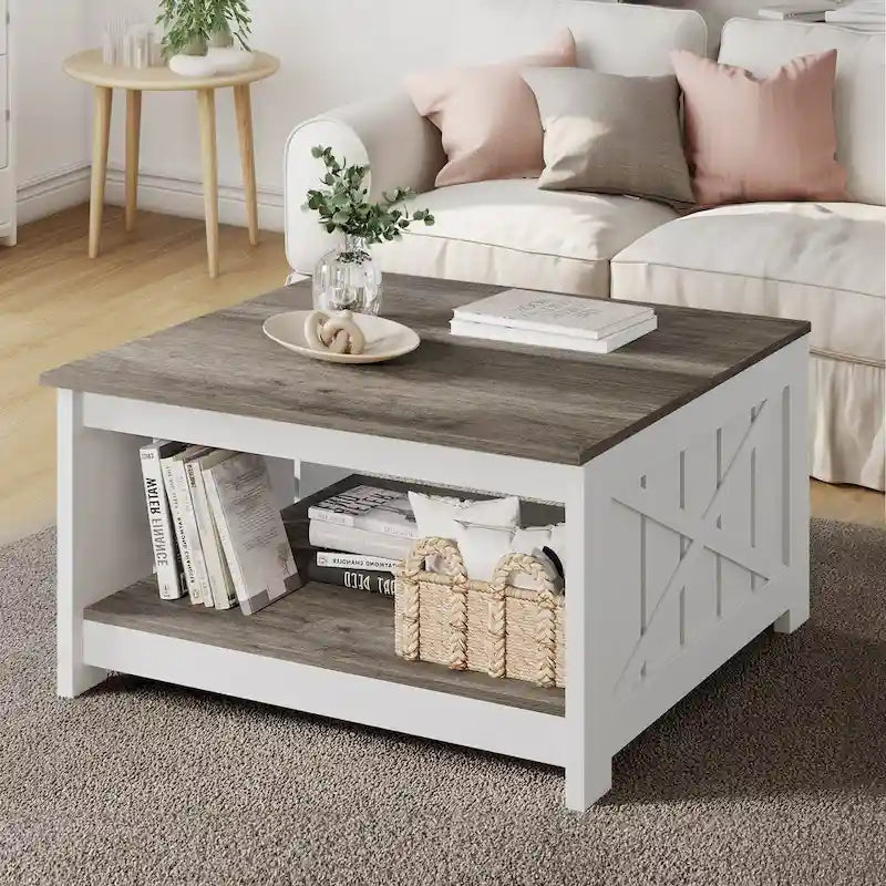 Table basse de style campagne avec rangement pour le salon, table centrale carrée
