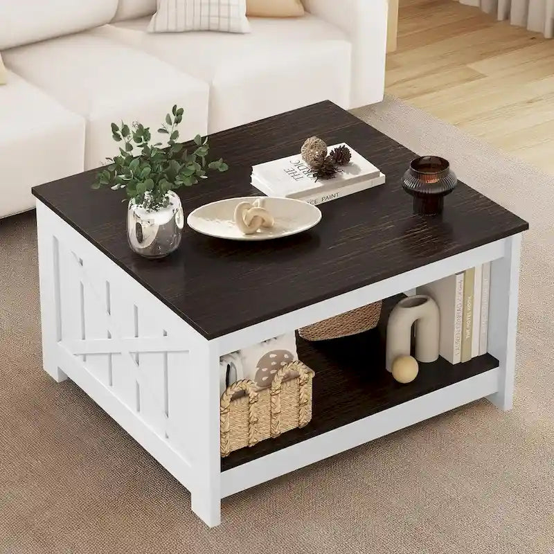 Table basse de style campagne avec rangement pour le salon, table centrale carrée