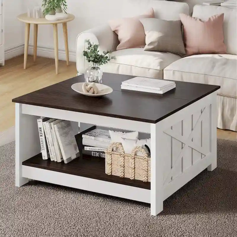 Table basse de style campagne avec rangement pour le salon, table centrale carrée