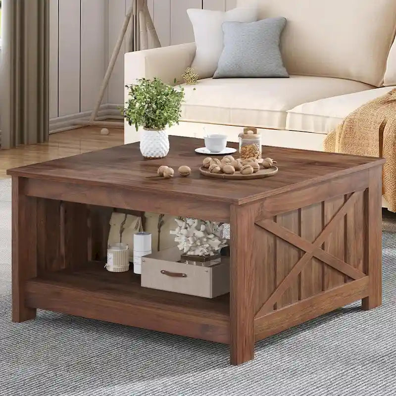 Table basse de style campagne avec rangement pour le salon, table centrale carrée