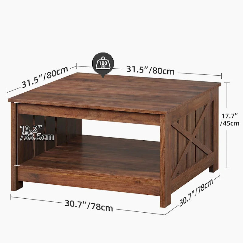 Table basse de style campagne avec rangement pour le salon, table centrale carrée