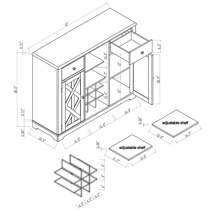 Meuble à vin moderne de 47 po avec portes en X et casier à vin intégré - largeur de 47 po