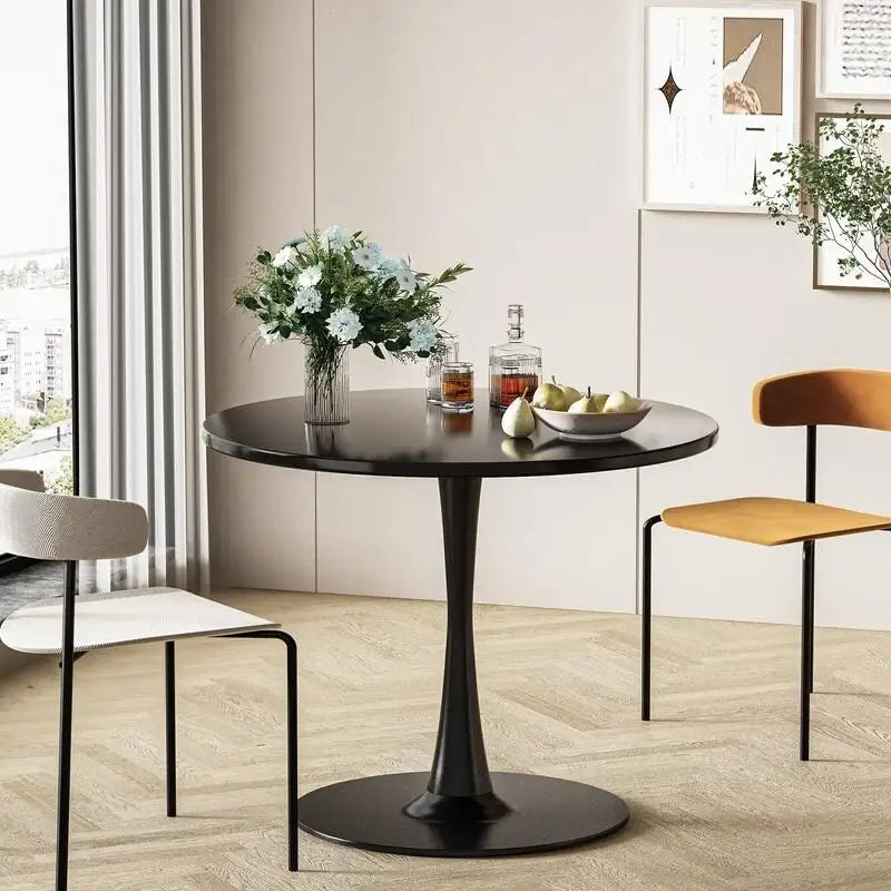 Table ronde moderne du milieu du siècle pour la cuisine ou la salle à manger, avec plateau en MDF de qualité supérieure et piètement central en acier