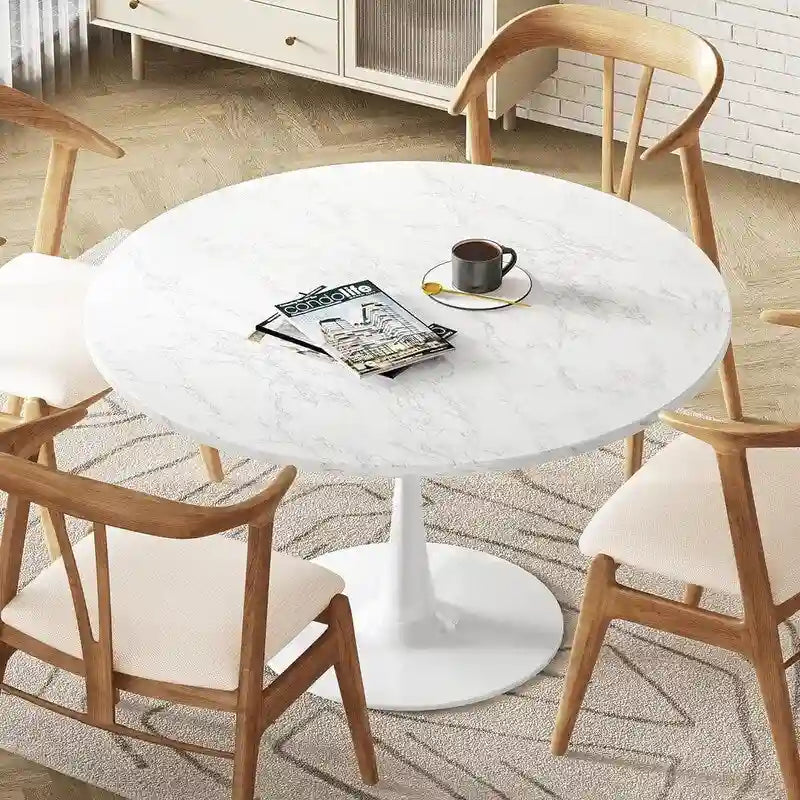 Table ronde moderne du milieu du siècle pour la cuisine ou la salle à manger, avec plateau en MDF de qualité supérieure et piètement central en acier