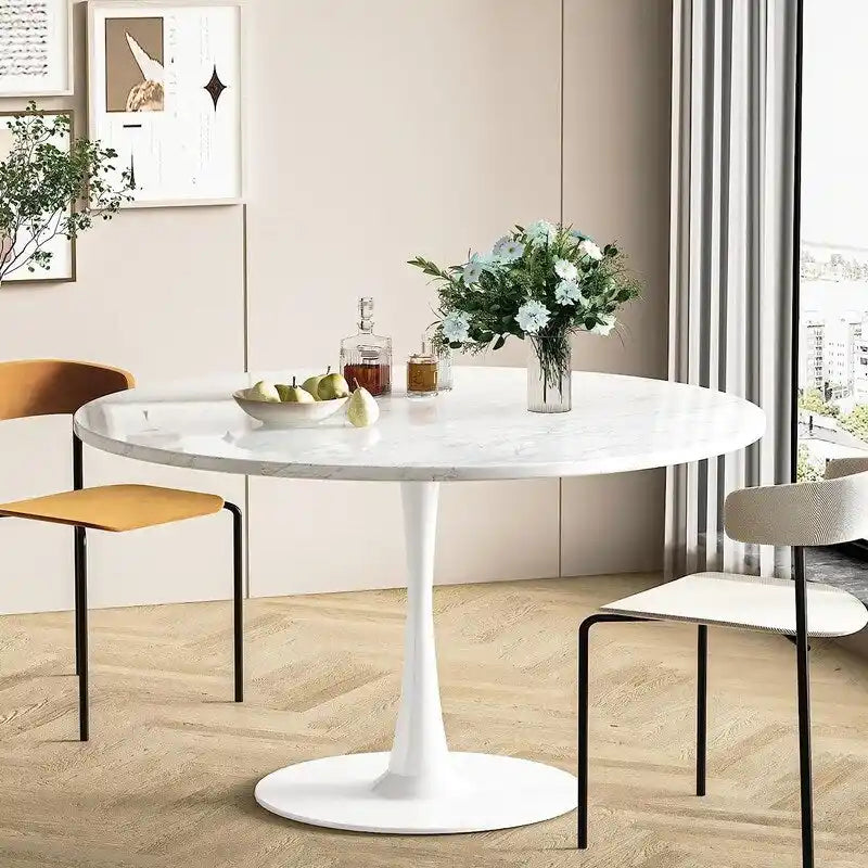 Table ronde moderne du milieu du siècle pour la cuisine ou la salle à manger, avec plateau en MDF de qualité supérieure et piètement central en acier