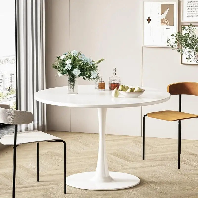 Table ronde moderne du milieu du siècle pour la cuisine ou la salle à manger, avec plateau en MDF de qualité supérieure et piètement central en acier