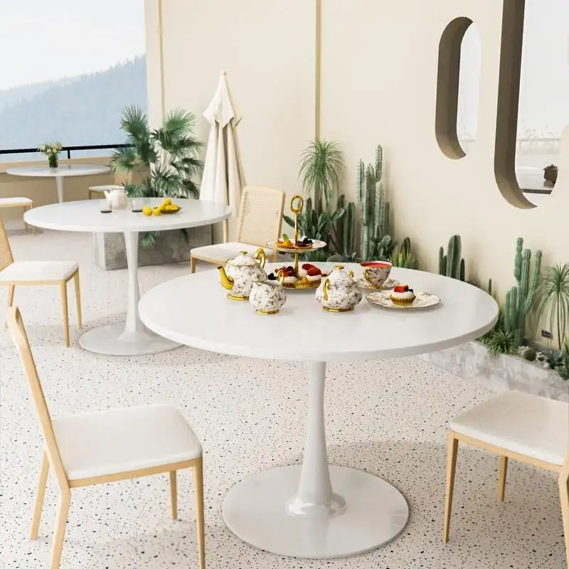 Table ronde moderne du milieu du siècle pour la cuisine ou la salle à manger, avec plateau en MDF de qualité supérieure et piètement central en acier
