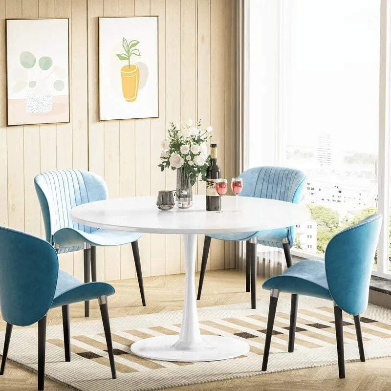 Table ronde moderne du milieu du siècle pour la cuisine ou la salle à manger, avec plateau en MDF de qualité supérieure et piètement central en acier