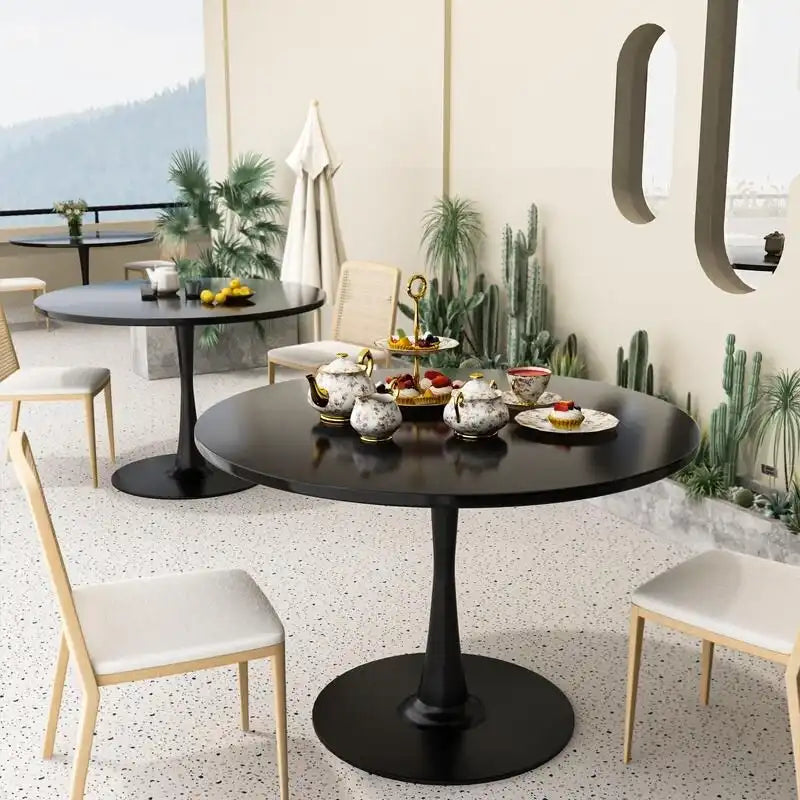 Table ronde moderne du milieu du siècle pour la cuisine ou la salle à manger, avec plateau en MDF de qualité supérieure et piètement central en acier
