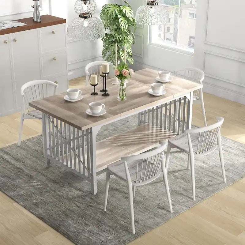 Grande table de cuisine de 70 pouces pour 6 à 8 personnes, style industriel champêtre, avec étagère de rangement
