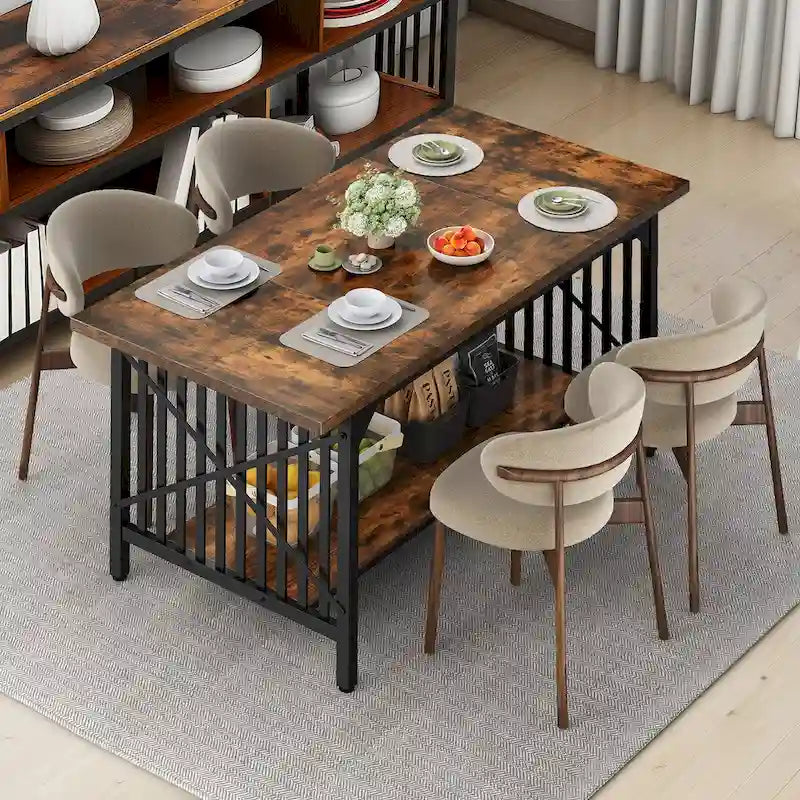 Grande table de cuisine de 70 pouces pour 6 à 8 personnes, style industriel champêtre, avec étagère de rangement