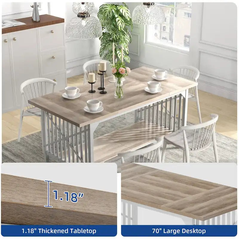 Mesa de cocina grande de 70 pulgadas para 6-8 personas, estilo rústico industrial con estante de almacenamiento