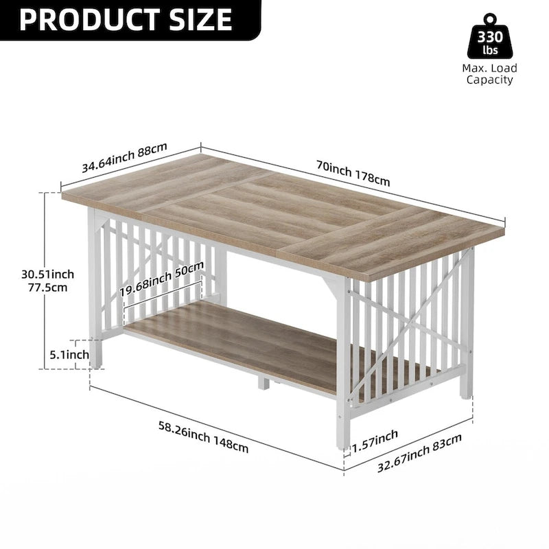 Mesa de cocina grande de 70 pulgadas para 6-8 personas, estilo rústico industrial con estante de almacenamiento