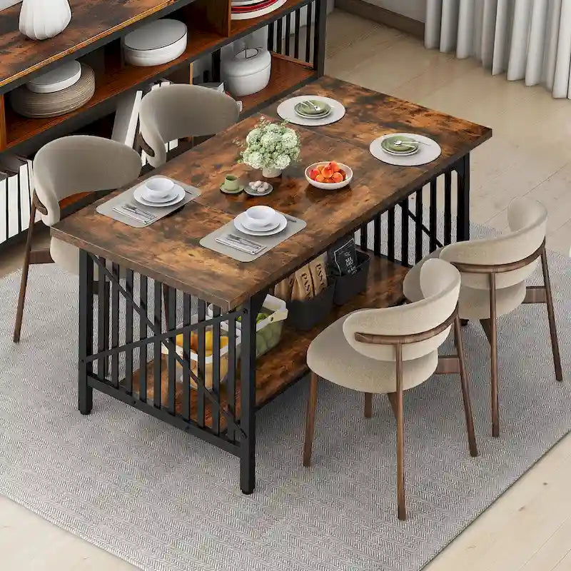 Mesa de cocina grande de 70 pulgadas para 6-8 personas, estilo rústico industrial con estante de almacenamiento