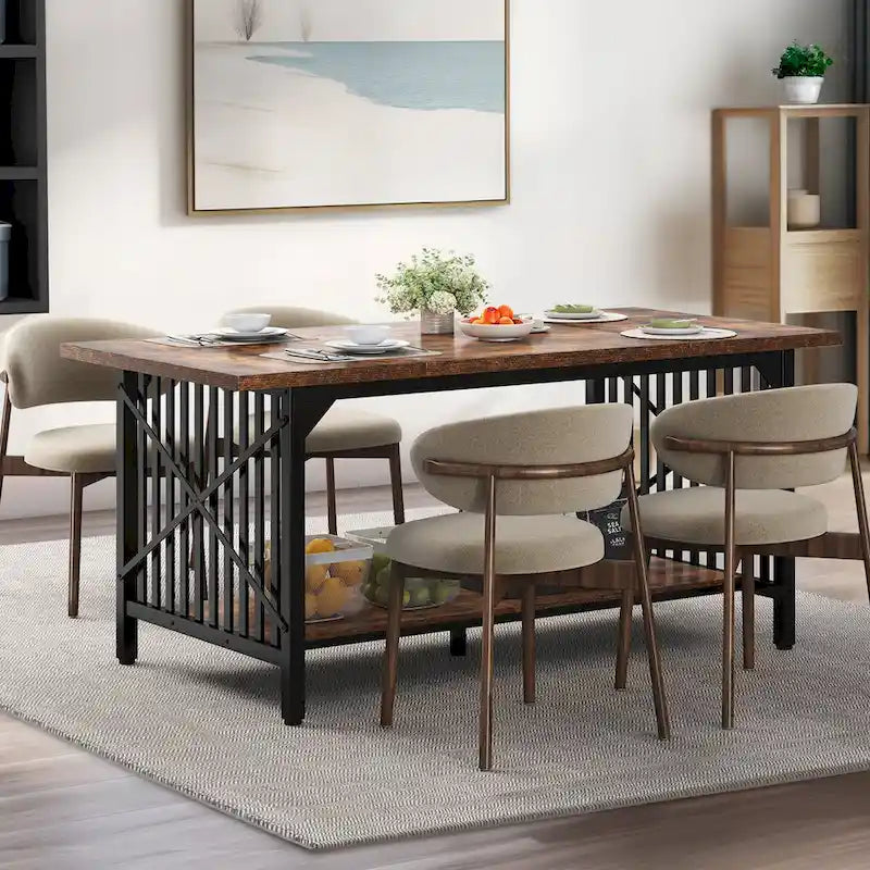 Mesa de cocina grande de 70 pulgadas para 6-8 personas, estilo rústico industrial con estante de almacenamiento