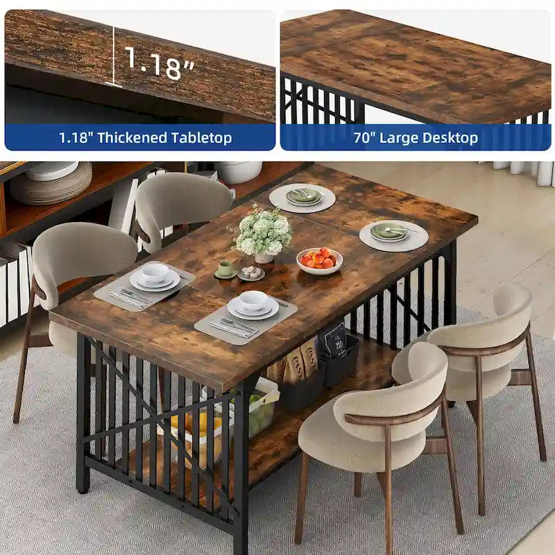Mesa de cocina grande de 70 pulgadas para 6-8 personas, estilo rústico industrial con estante de almacenamiento