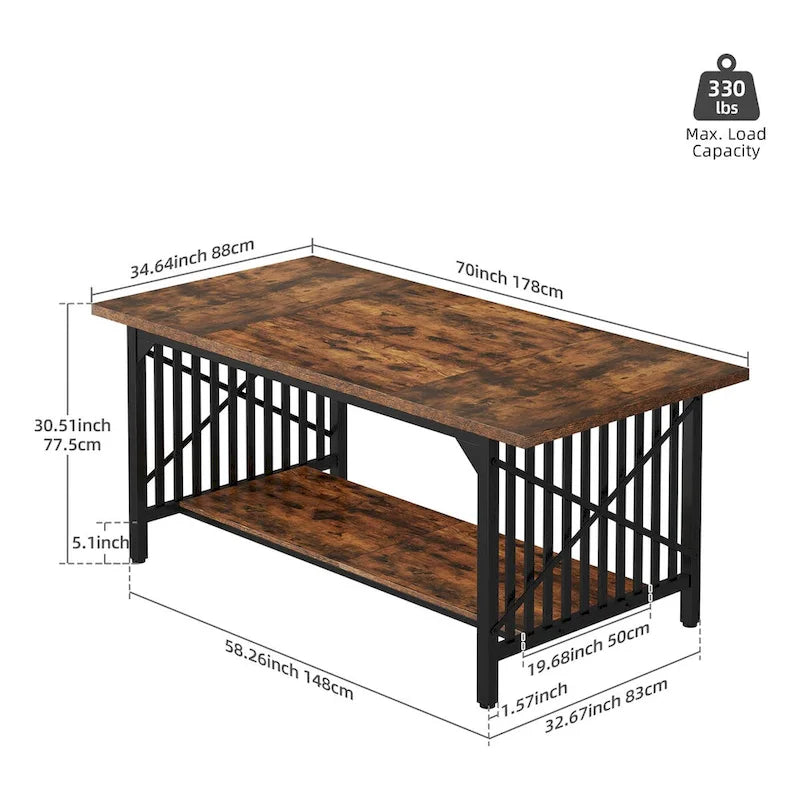 Mesa de cocina grande de 70 pulgadas para 6-8 personas, estilo rústico industrial con estante de almacenamiento