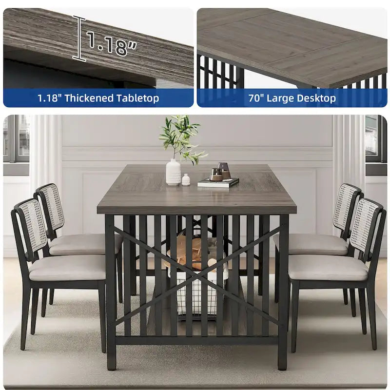 Mesa de cocina grande de 70 pulgadas para 6-8 personas, estilo rústico industrial con estante de almacenamiento