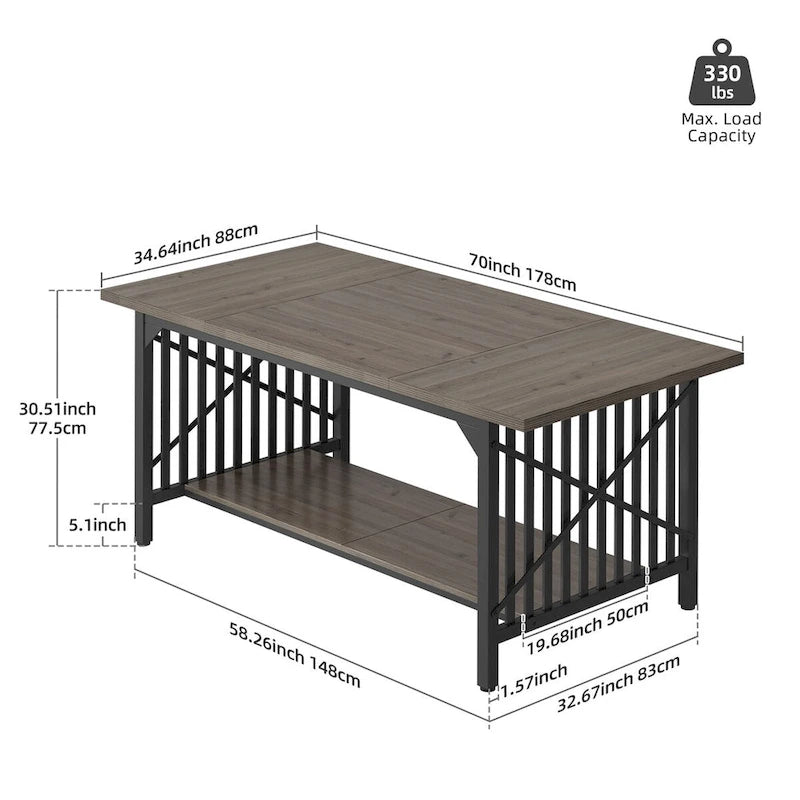 Mesa de cocina grande de 70 pulgadas para 6-8 personas, estilo rústico industrial con estante de almacenamiento